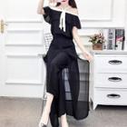 Set : Open Shoulder Short-sleeve Chiffon Top + Wide Leg Pants