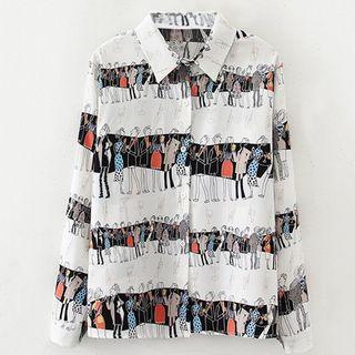 Long Sleeve Collared People Print Blouse