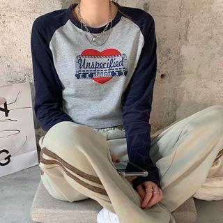 Long-sleeve Print T-shirt Gray & Navy Blue - One Size