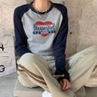 Long-sleeve Print T-shirt Gray & Navy Blue - One Size
