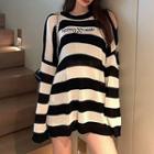 Long-sleeve Round-neck Off-shoulder Lettering Embroidered Striped Top Black - One Size