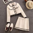 Set: Contrast Trim Button Knit Jacket + A-line Skirt