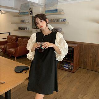Mock Two-piece Puff-sleeve Ruffled Dress Black - One Size