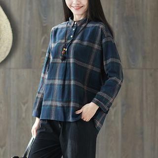 Long-sleeve Plaid Collared Top
