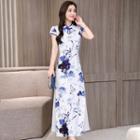 Short-sleeve Floral Print Maxi Qipao Dress
