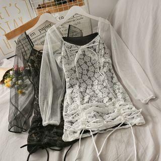 Sheer Lace Drawstring Mini Dress
