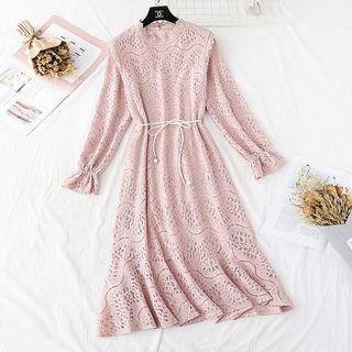 Tie-waist Plain Lace Midi Dress