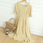 Puff-sleeve Tie-waist Pattern Dress Yellow - One Size