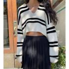 Long Sleeve Collar Striped Loose-fit Sweater White - One Size