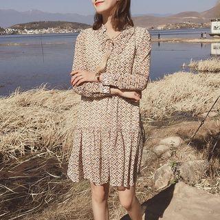 Tasseled Patterned Long-sleeve Dress