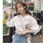 3/4-sleeve Embroidered Lace Trim Shirt White - One Size