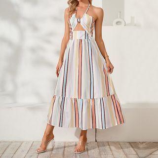 Sleeveless Halter Cutout Striped Maxi A-line Dress