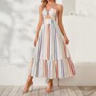 Sleeveless Halter Cutout Striped Maxi A-line Dress