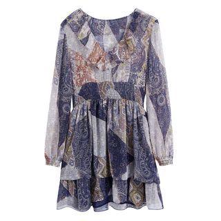 Long-sleeve Print Tiered A-line Dress