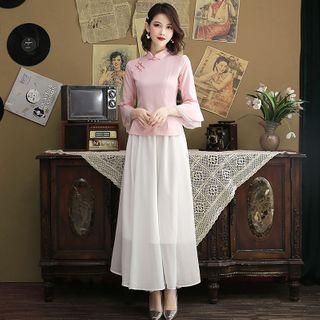 3/4-sleeve Qipao Top / Maxi A-line Skirt / Set
