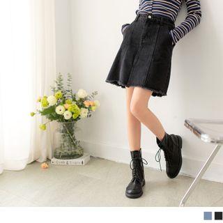 Mid-rise Frayed Denim A-line Skirt