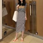 Sleeveless Letter T-shirt / Striped Midi Skirt