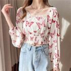 Butterfly Print Cropped Blouse