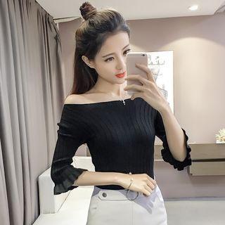 Ruffled Elbow-sleeve Ribbed Top