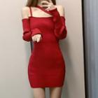 Long-sleeve Cold Shoulder Knit Dress Red - One Size