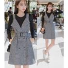 Set: Long-sleeve T-shirt + Houndstooth Double-breasted Pinafore Dress