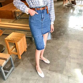 Cutout-hem H-line Denim Skirt