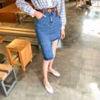Cutout-hem H-line Denim Skirt