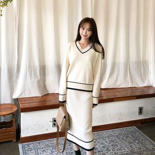Set: V-neck Contrast-trim Knit Top + Rib-knit Skirt