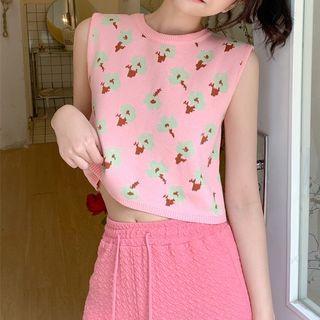 Floral Knit Crop Tank Top Green & Brown & Pink - One Size