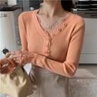 Lace Trim Ribbed Henley Knit Top