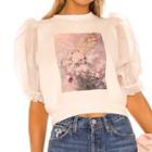 Puff-sleeve Print Mesh Panel Top
