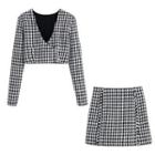 Set: Houndstooth Cropped Blouse + Mini A-line Skirt