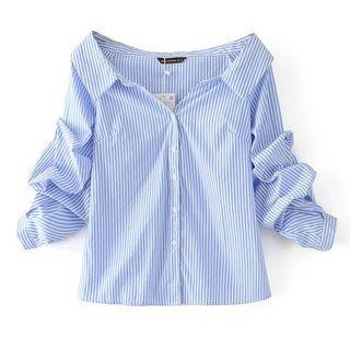 Shirred Sleeve Striped Blouse