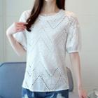 Puff Short-sleeve Perforated Lace Top