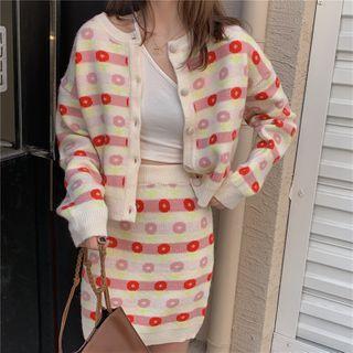 Set: Floral Cardigan + Mini Pencil Skirt Cardigan - White - One Size / Skirt - White - One Size