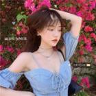 Puff-sleeve Cold Shoulder Lace-up Denim Crop Top Blue - One Size