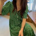 Floral Print Elbow-sleeve Midi A-line Dress Green - One Size