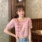 Short-sleeve Frog Button Plaid Blouse