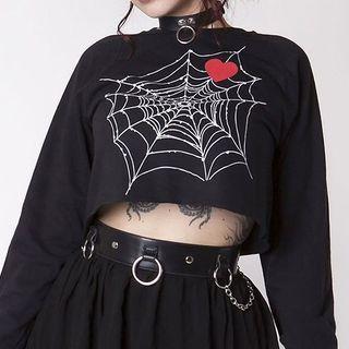 Long-sleeve Spiderweb Print Cropped T-shirt