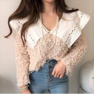 Long-sleeve Fluffy Sailor Collar Blouse Almond - One Size