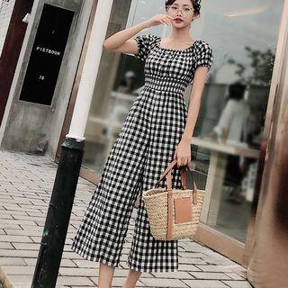 Plaid Short-sleeve Wide-leg Jumpsuit / Hairband