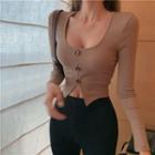 Long-sleeve Buttoned Knit Top Khaki - One Size