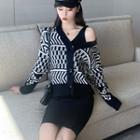Patterned Cardigan / Sleeveless Knit Sheath Dress