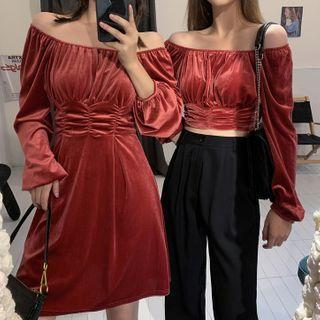 Long-sleeve Velvet Crop Top / Mini A-line Dress