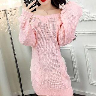 V-neck Cable Knit Long-sleeve Mini Dress
