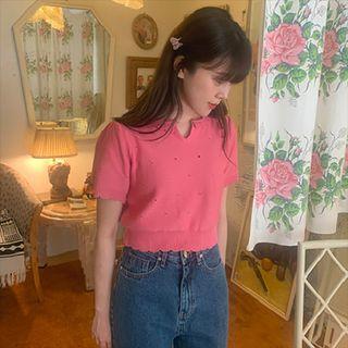 Short-sleeve Notch Neck Knit Top Pink - One Size