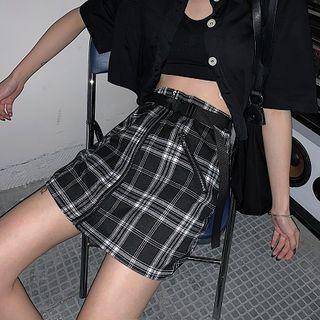 Cropped Short-sleeve Shirt / Plaid Mini A-line Skirt