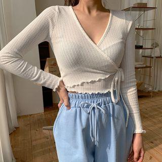 Surplice-wrap Lettuce-edge Cropped Top