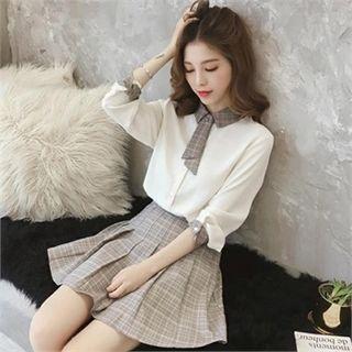 Set: Contrast-trim Blouse + Pleated Miniskirt