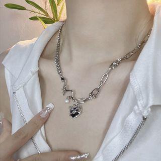 Heart Rhinestone Pendant Alloy Necklace Dark Blue - One Size